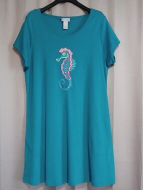 Go Softly Patio Turquoise Seahorse Midi Dress Sz L Embroidered Sequins Pockets